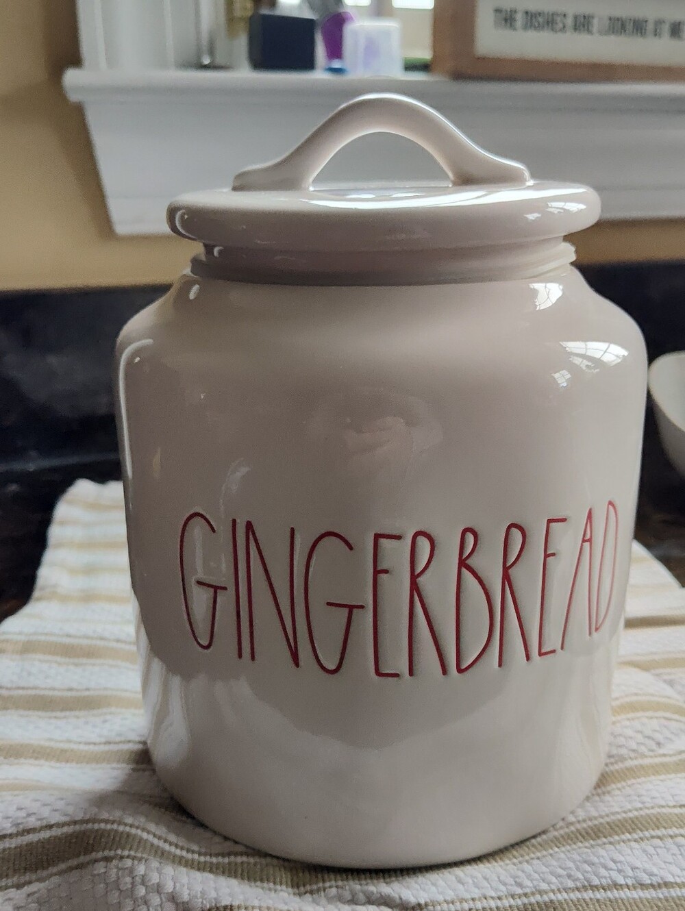 Rae Dunn Artisan Collection GINGERBREAD Ceramic Cookie Jar w/Lid & Handle, 8.5in